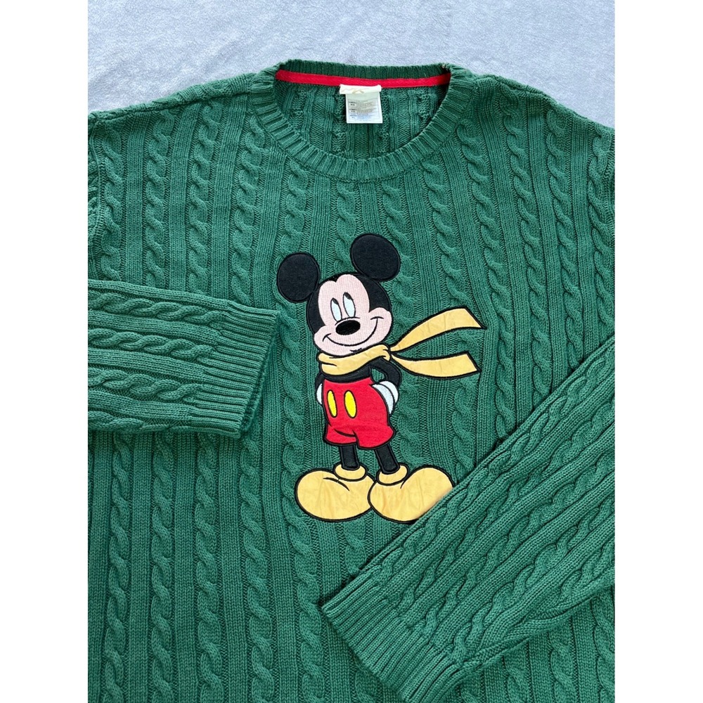 Disney Store Mens Mickey Mouse Green Cable Knit Sweater XL Christmas Holiday VTG